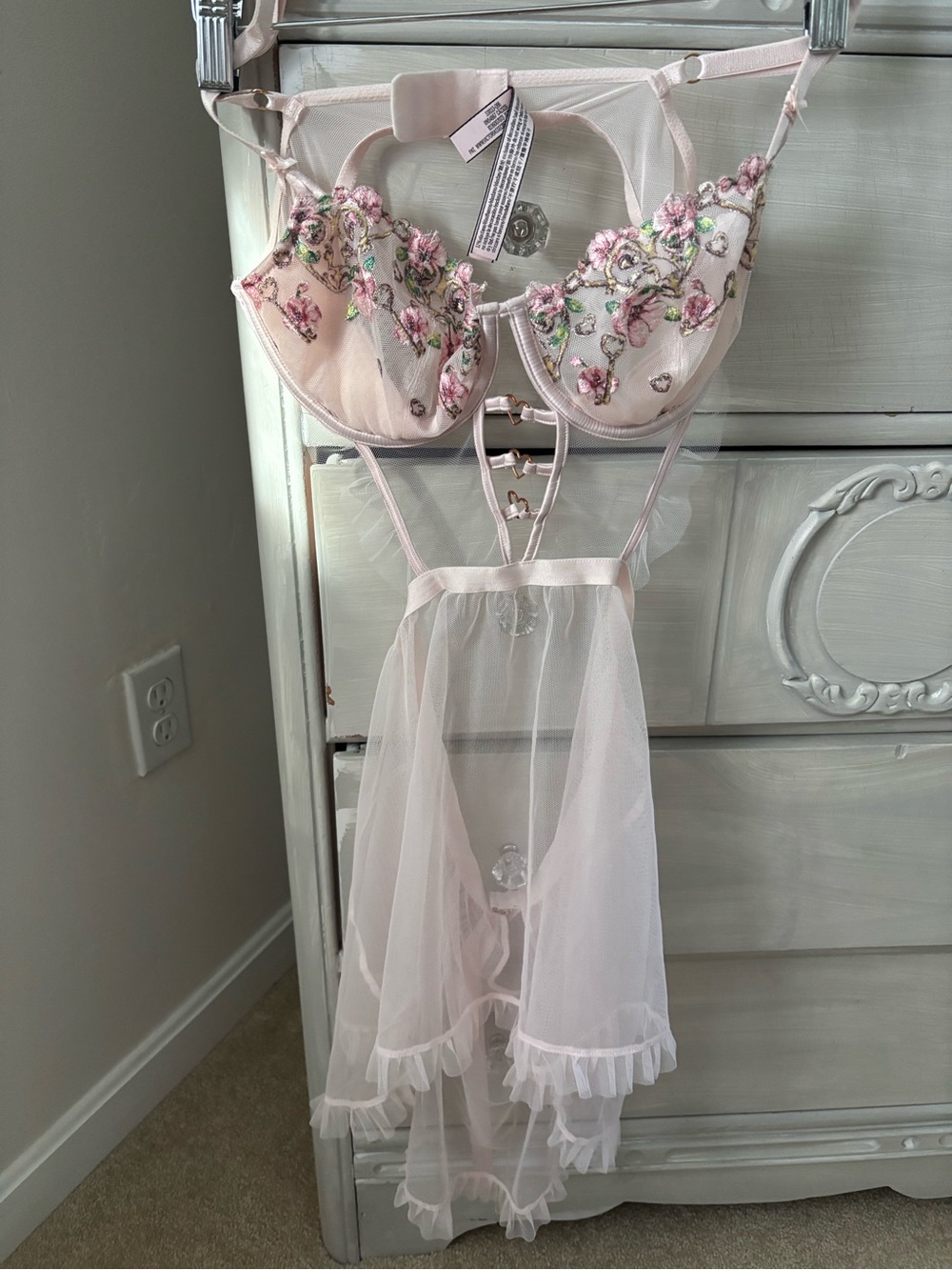 Victoria secret Sheer Embroidered Pink Lace Babydoll Chemise
